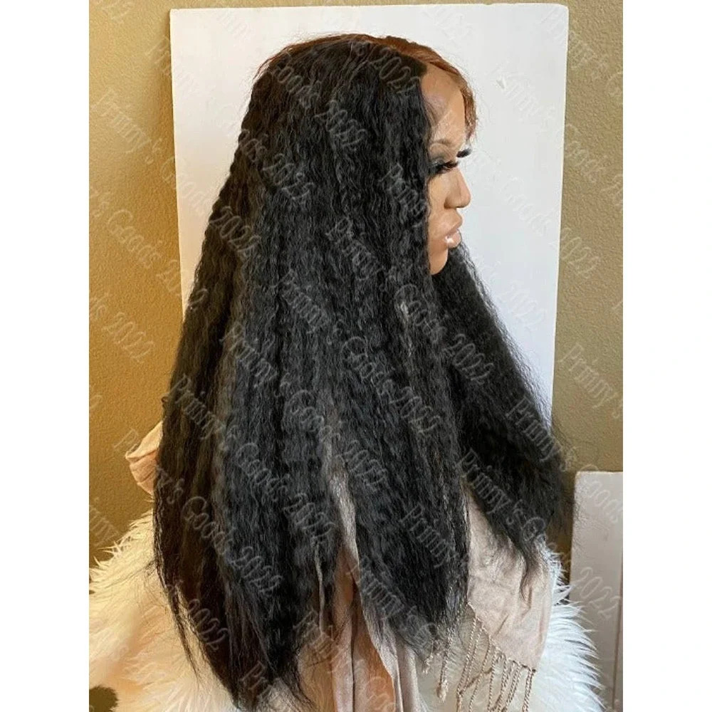 Synthetic Lace Front Wig Kinky Straight 1B/30 Bangs 20" Long Hair Deep Part U